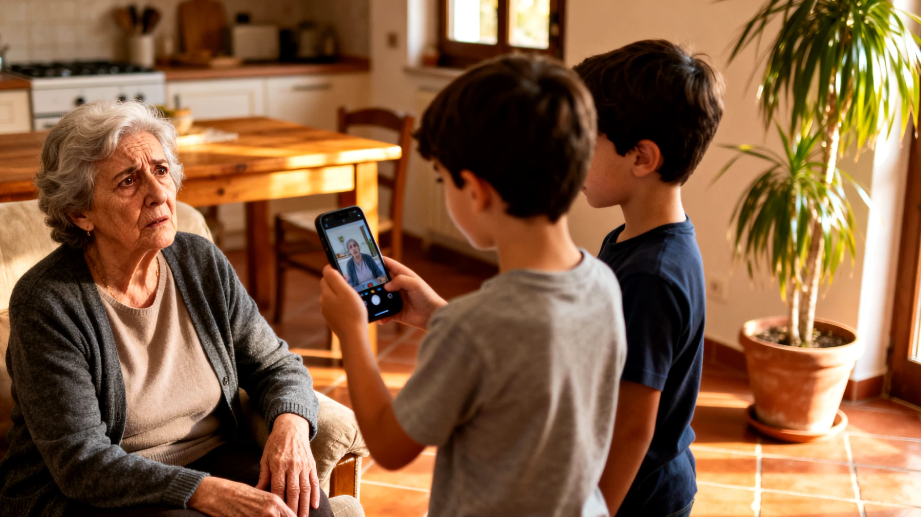 Nonna che fatica a comunicare con i nipoti bambini a causa del divario generazionale e delle difficoltà nel comprendere il loro linguaggio e modi di esprimersi"