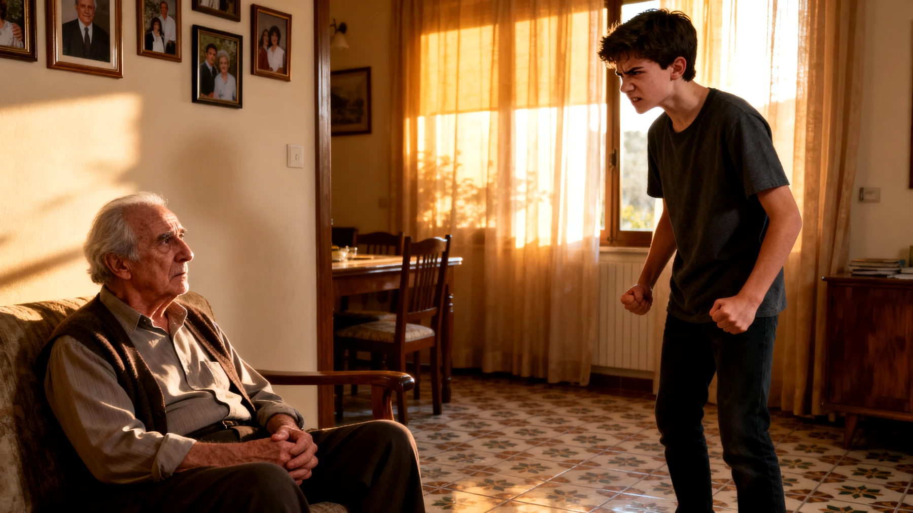 Il nonno fatica a gestire le esplosioni emotive del nipote adolescente, che alterna momenti di rabbia intensa a chiusura e mutismo, senza riuscire a trovare le parole giuste per calmarlo o comprenderlo"
