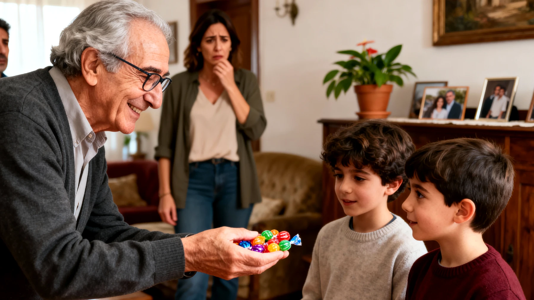 Il nonno tende a essere eccessivamente permissivo con i nipoti bambini, dicendo sempre di sì alle loro richieste, concedendo troppi dolci, permettendo di saltare regole importanti e cedendo ad ogni capriccio, creando confusione educativa e possibili conflitti con i genitori che cercano di mantenere una linea educativa più coerente."